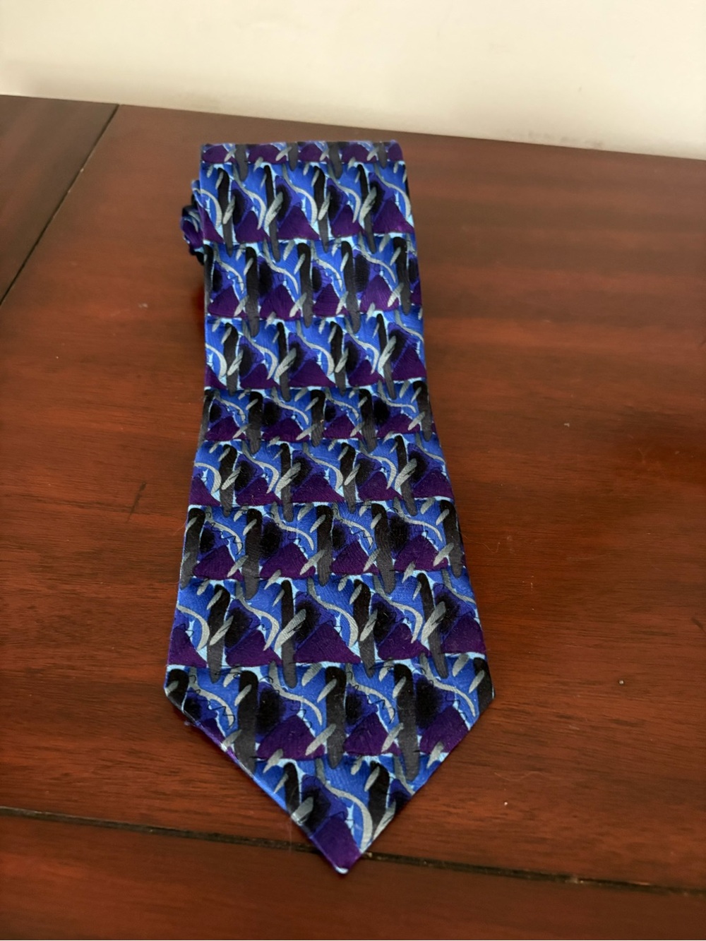 J Garcia Men’s Tie Purple, Blue, Gold Abstract Geometric Design 100% Silk